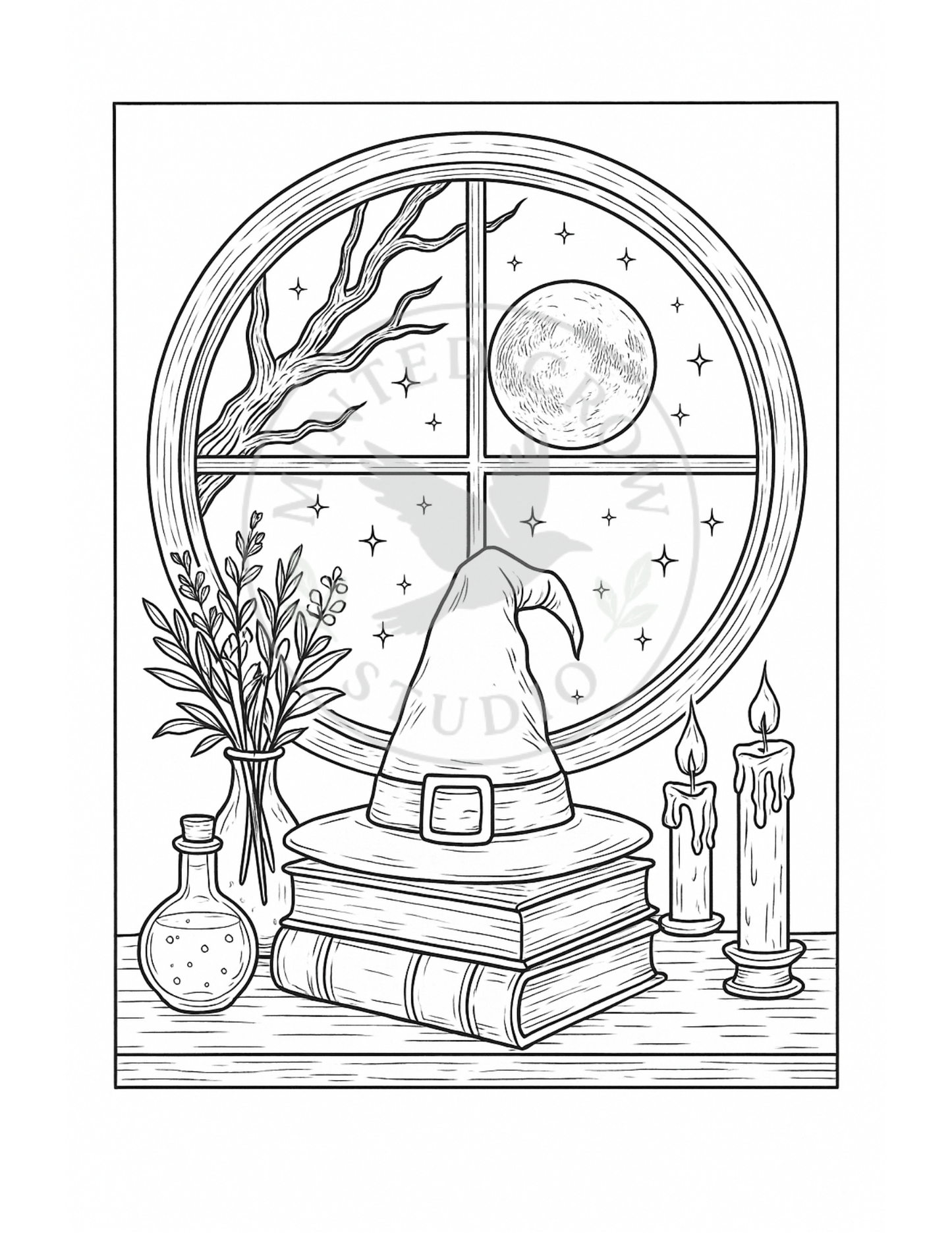 Moonlit Study Nook - Printable Coloring Page