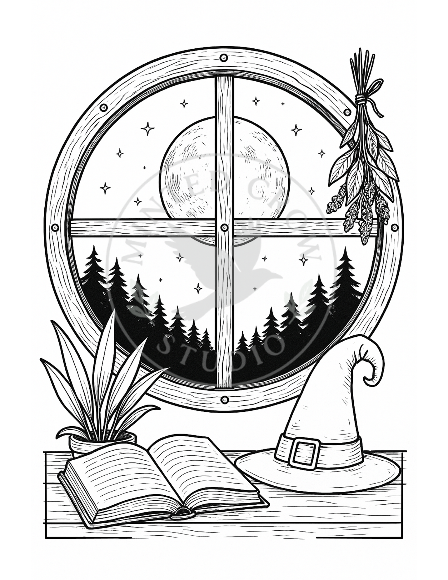 Moon Above the Pines - Printable Coloring Page