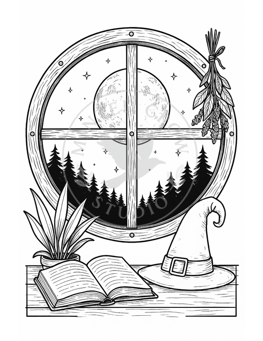 Moon Above the Pines - Printable Coloring Page