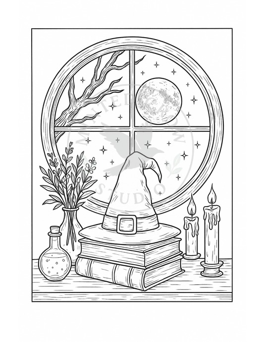 Moonlit Study Nook - Printable Coloring Page